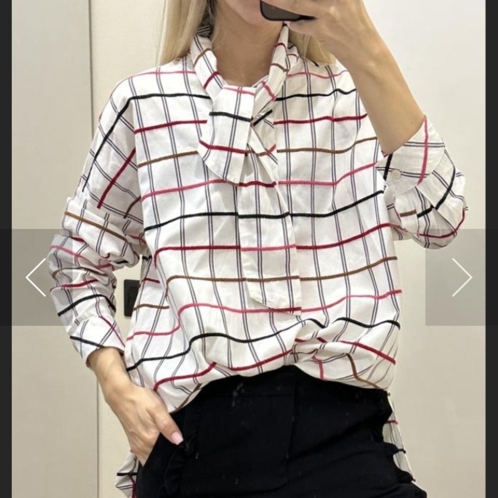 Plaid Long Sleeve Blouse - White, Red, Black